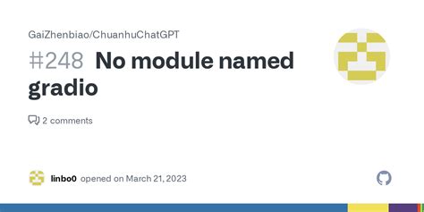 No module named gradio #315. No module named gradio. #315. Closed. diegoalejo15 opened this issue last week · 1 comment. blaise-tk closed this as completed last week. Sign up for free to join this conversation on GitHub . Already have an account?